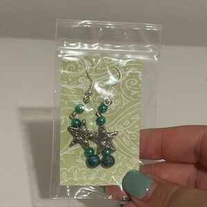 Handmade Green Beaded Star Dangle Earrings